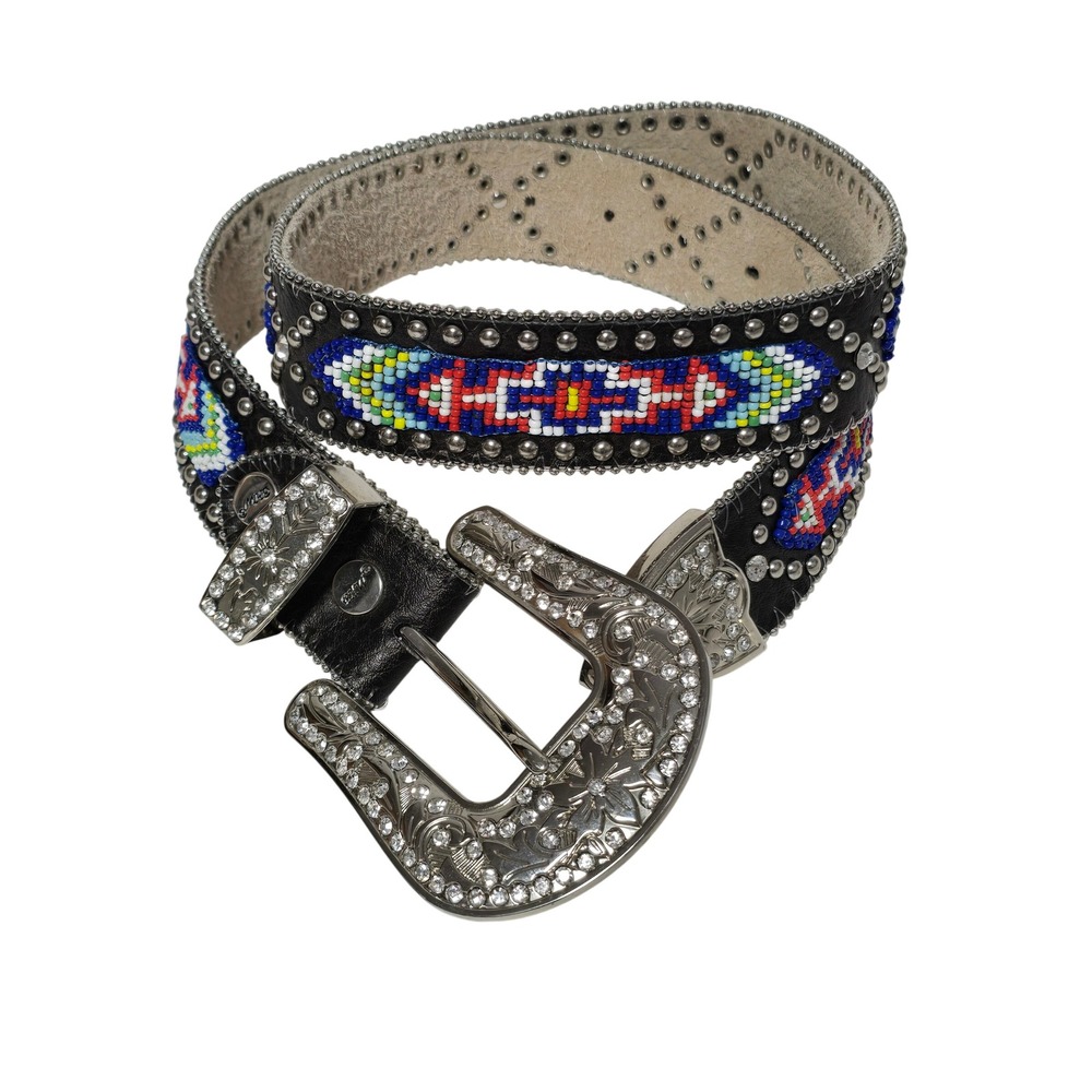 BHW Western Cowgirl Rhinestone Beaded Belt Black Leather‎ Embellished Buckle